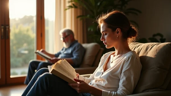 A couple enjoying quiet, individual time in different parts of a softly lit, modern home, symbolizing personal space within a relationship.