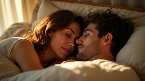 A sensual close-up photo capturing a moment of intimacy and relaxation, focusing on the gentle connection between two people in soft, warm light.