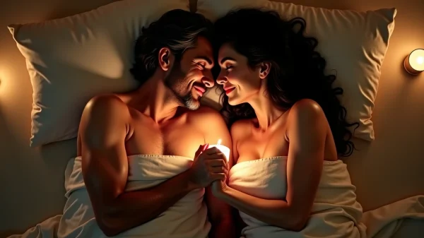 Fotografía cenital de una pareja en sus sesenta años con cabello oscuro y ondulado, tomada de la mano sobre sábanas en tonos neutros bajo la luz de las velas