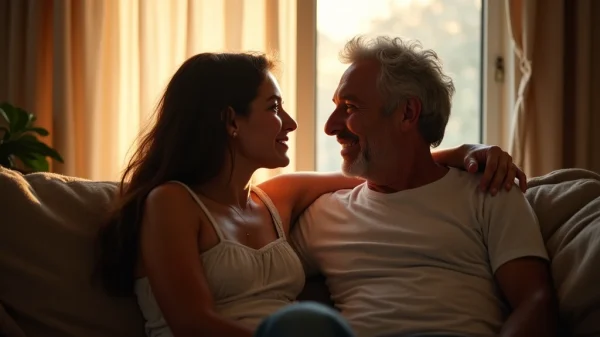 A candid, intimate moment between two adults, conveying deep emotional connection and comfort in soft, natural light.