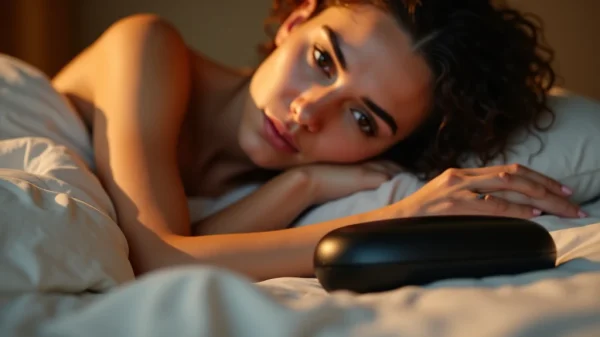 A close-up, intimate photograph of a woman in her late 30s with sun-kissed skin, looking thoughtfully away, while holding a modern, sleek, minimalist personal wellness device near her, illuminated by soft window light. The focus is on the quiet intimacy and connection between the user and the advanced, yet subtly designed, technology. Professional film grain aesthetic.
