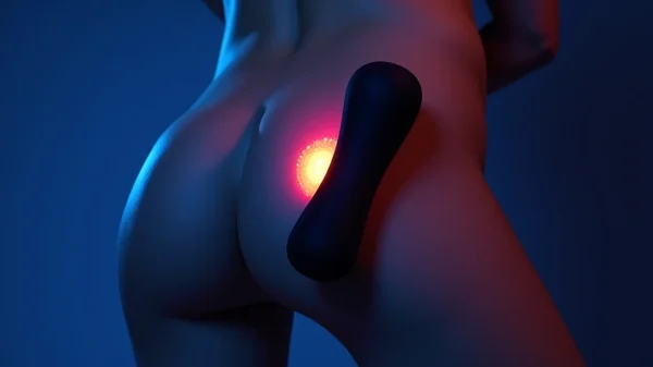 Fotografía conceptual de un masajeador prostático perineal vibrando sobre el área del periné, representando el juego prostático externo y la estimulación profunda y no invasiva de la próstata.